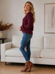 Women's Blouse Puff Sleeve Thick Round Neck Winter Knit - Red - View 3