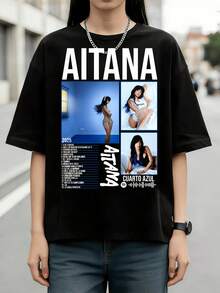 T-shirt imprimé collage  Blue Room pour femmes, pur coton, style rétro espagnol, streetwear quotidien. - Noir - Voir 6