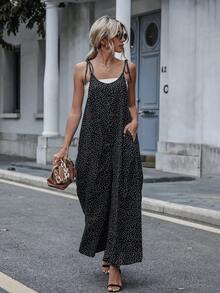 LUNE Jumpsuit de lunares con bolsillos oblicuos de hombros con cordón sin top tubo - Negro - Ver 1