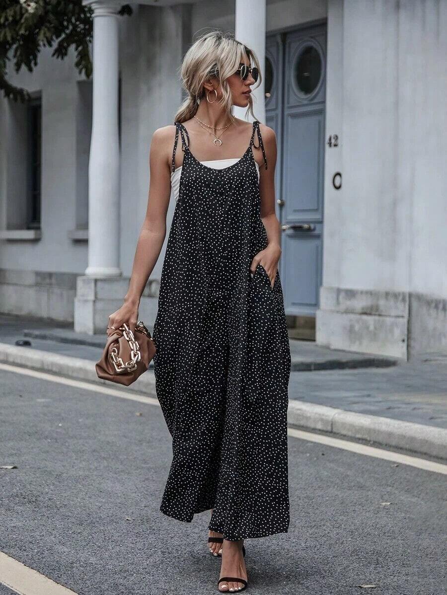 LUNE Jumpsuit de lunares con bolsillos oblicuos de hombros con cordón sin top tubo - Negro - Ver 1