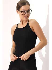 Elegant And Comfy Halter Neck Knit Tank Top Soft Sleeveless Blouse Daily Style - Black - View 1