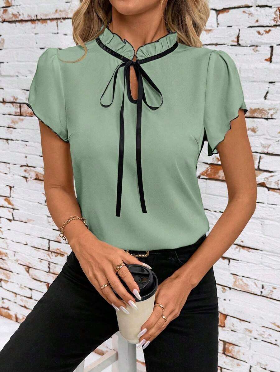 Camisa de mujer de manga corta, con lazo, volantes, a cuadros, elegante y casual para vacaciones y picnic, primavera/verano - verde menta - Ver 1