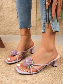 Women's Comfortable Square Toe Chunky Heel Sandals, 3D Floral Decor Thin Strap Open Toe Slides, Purple Faux Leather, Elegant Summer Beach & Daily Wear Slippers - Lilac Purple - View 10