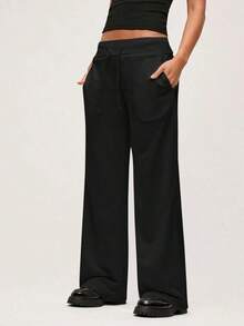 Pantalón de chándal de pierna ancha y cintura baja de unicolor de punto para mujer - Negro - Ver 3