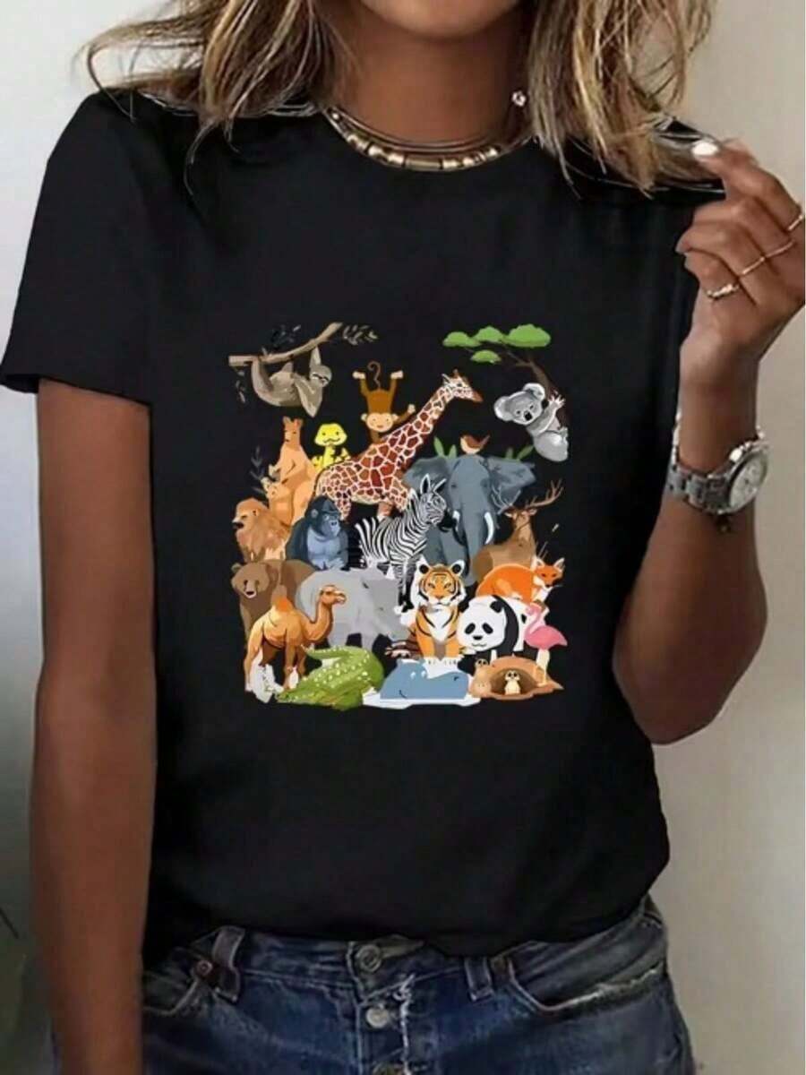 Women's Soft Short Sleeve T-Shirt, Casual Top Printed With Colorful Cartoon Zoo Animal Design, Fashionable Sports T-Shirt Suitable For Casual Daily Outings And Vacation, Casual Blouse For Women, Blouses For Women, Cotton T-Shirts For Women. - 黑色 - 查看 1