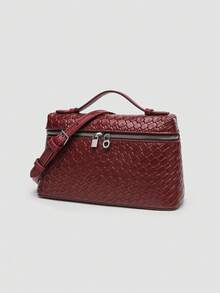 1 pieza Bolso de hombro cuadrado de unicolor con textura de grano de litchi en PU, bolso de mano pequeño para mujer, adecuado para combinar con diaria, salidas, compras, fiestas, bol - Burdeos 3 - Ver 3