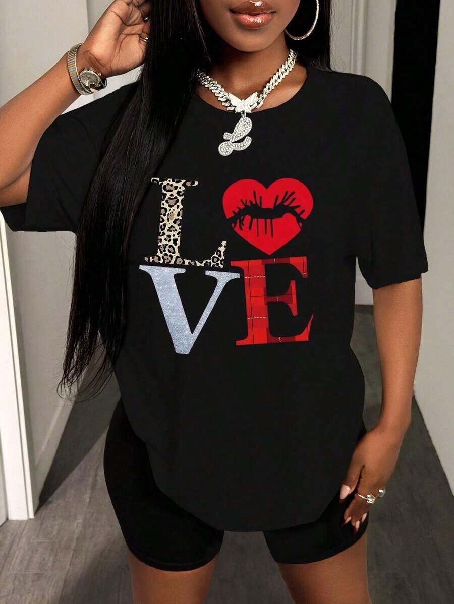 Camiseta de manga corta holgada con hombros caídos de Bohemio , con diseño estampado de letras y labios, camisetas gráficas para mujer, tops de algodón. - Negro - Ver 1