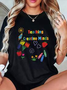 Cuello Redondo Talla Grande - Camiseta casual de talla grande para mujer, estampada con el texto "Educational Creative Heart" - mangas cortas, cuello redondo, top negro de verano, adecuada para uso casual, camiseta estampada de estilo relajado. |   Moda casual |   Blusas Casuales de Diseño Interesante para Mujer - Negro - Ver 1