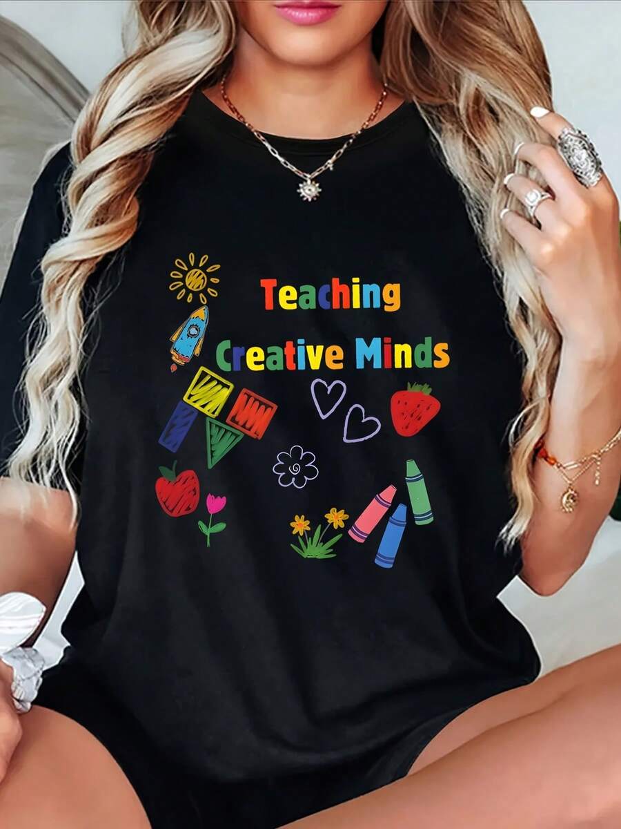 Cuello Redondo Talla Grande - Camiseta casual de talla grande para mujer, estampada con el texto "Educational Creative Heart" - mangas cortas, cuello redondo, top negro de verano, adecuada para uso casual, camiseta estampada de estilo relajado. | Moda casual | Blusas Casuales de Diseño Interesante para Mujer - Negro - Ver 1