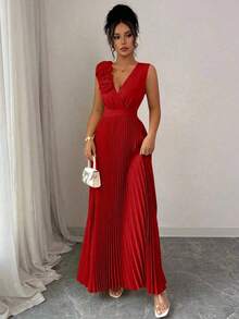 Vestido de verano de cuello en V azul claro con cintura ceñida, aplicación floral en el pecho y falda plisada en línea A, elegante estilo francés - Rojo - Ver 5