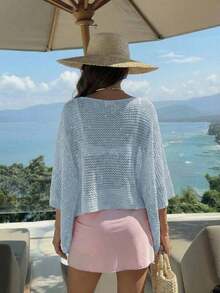 Elegante top de mujer de primavera/verano, de punto rosa, con cuello redondo, sólido, semitransparente, con capucha y detalles de lentejuelas calados, para uso casual, vacaciones y playa - azul claro - Ver 2