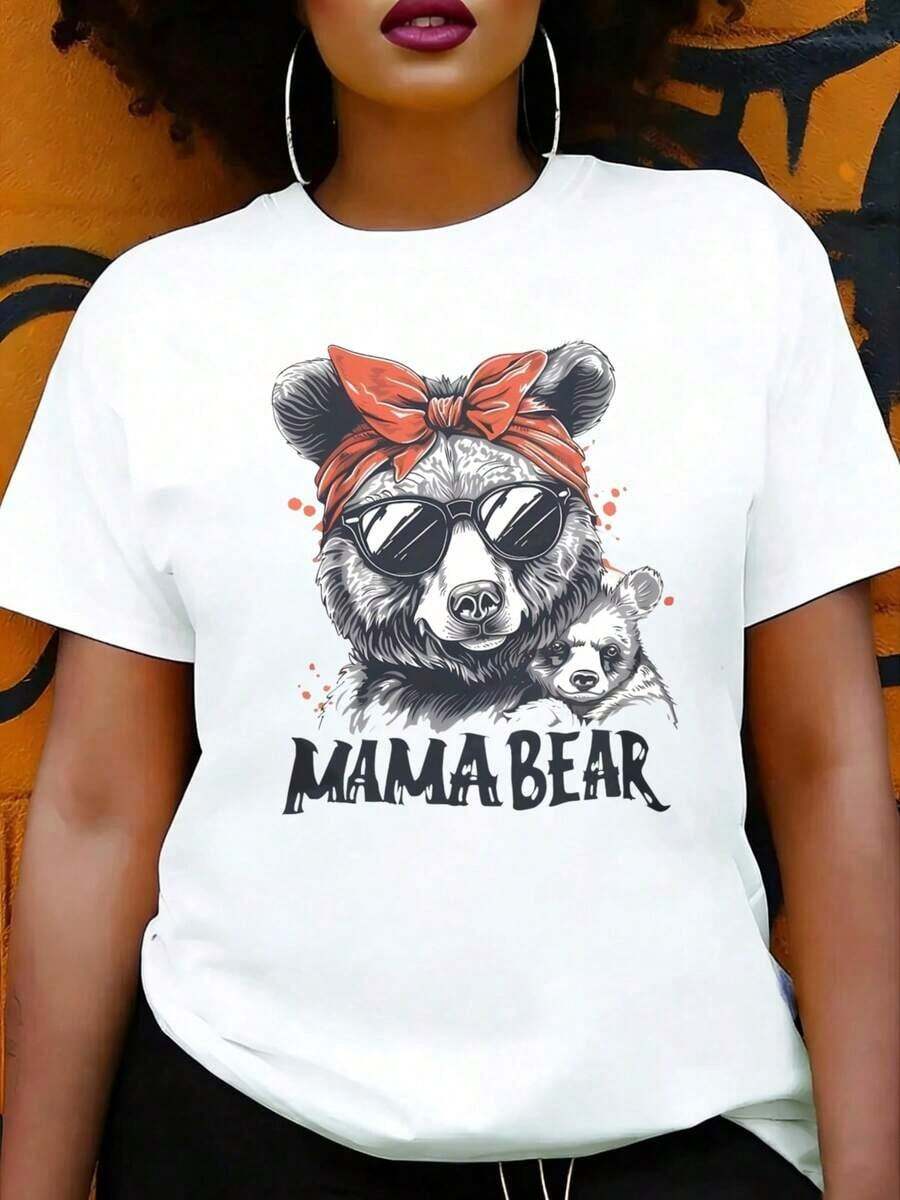 Women's Fashion Casual T-Shirt With Mama Bear Print With Sunglasses And Bow, Summer Clothes For Mother's Day Gift - 白色 - 查看 1