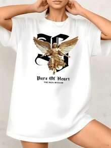 Women's T-Shirt With Angel Wing Graphic Print, Pure Wisdom Of The Heart, 100% Cotton, Crew Neck, Relaxed Fit, Casual Style, 1 Piece. Excellent Gifts For Friends And Family. - 白色 - 查看 1