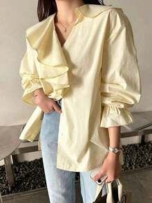 Blusa suelta con escote en V, volantes y parches elegante - Amarillo - Ver 6