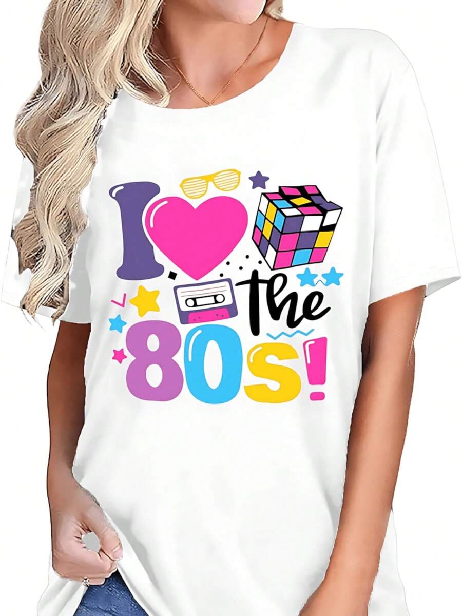 Simple And Versatile Design. Women's Fashion Graphic Tee With A Nostalgic 80s Print, Relaxed Fit, Casual Short-Sleeve Tee, Comfortable Cotton Blend Fabric, Ideal For Retro Style Lovers, Everyday Essential Clothing. Express Your Personality With A Unique Vintage Design! Cotton Tee - 白色 - 查看 1