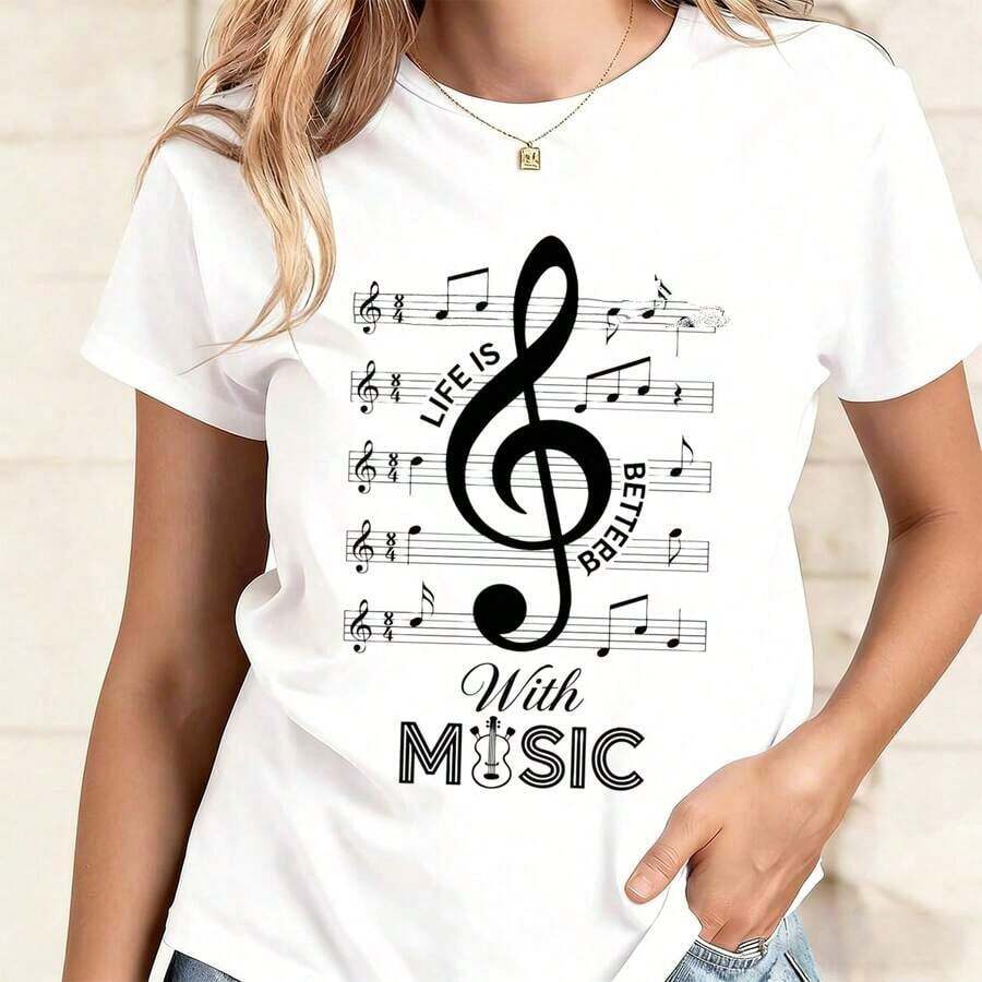 Women's Clothing Short-Sleeved T-Shirt With Treble Clef Print And The Phrase "Life Is Better With Music" For Music Lovers, Printed Top, Women's Shirts - 白色 - 查看 1