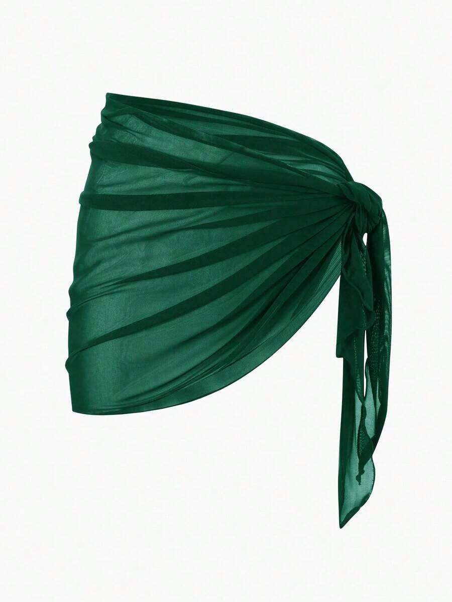 Falda pareo de malla de color sólido, perfecta para vacaciones en la playa. - Verde Oscuro - Ver 1