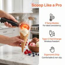 3 Adjustable Temperature Settings (120/140/160°F), Waterproof IP67, Ergonomic Handle, 2600mAh Rechargeable Electric Ice Cream Scoop, Hard Ice Cream Kitchen Tool - Multicolor - View 6