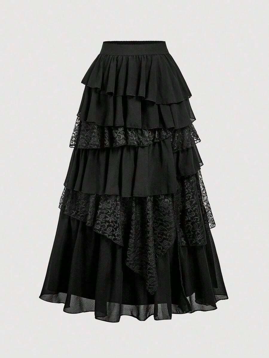 MOD Elegancia bohemia-occidental: Falda larga de gasa y encaje fluida en albaricoque - Tu compañera sin esfuerzo para picnics a la hora dorada y aventuras bohemias - Negro - Ver 1