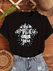 Women's Graphic T-Shirt "The Magic Is Within You" With Hearts, Soft Motivational T-Shirt For Daily Wear, Casual, Office, Parties, Machine Washable, Crew Neck, Inspirational Gift For Birthday Or Anniversary - 黑色 - 查看 6