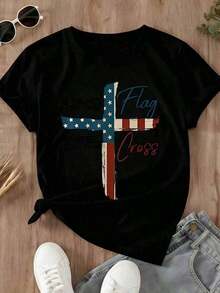 Women's Summer Outfits, Casual T-Shirt With American Flag And Cross Print, Patriotic Design For Everyday Wear And Holidays, Unisex Summer Outing T-Shirts, Women's T-Shirts - 黑色 - 查看 2