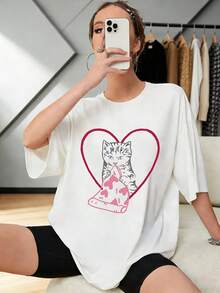 Women's Loose-Fitting Short-Sleeved T-Shirt, Premium Minimalist Style, New Spring/Summer Collection, With A "Cat In Love Holding A Heart" Print, Soft And Adorable Elements That Convey Joy, Comfortable And Skin-Friendly, Ideal For Everyday Casual Outings For Cat Lovers, . - 白色 - 查看 1