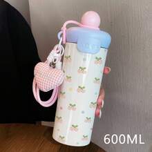 1個 600ML 粉白不鏽鋼保溫隨行杯，草莓/花朵/櫻桃印花，附粉色愛心格紋吊飾與粉色矽膠掛繩，便攜式，適用冷熱飲，適合戶外露營、辦公室、學校、居家使用，禮品推薦 - 彩色 - 查看 8