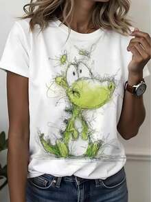 Plus Size Women's T-Shirt, Casual Printed T-Shirt With "Cute Sketch - Green Dinosaur Style" Design, Unisex T-Shirt For Women And Men, Suitable For All Seasons, Everyday Wear T-Shirt, Perfect Gift, Fashion Choice. - 白色 - 查看 1
