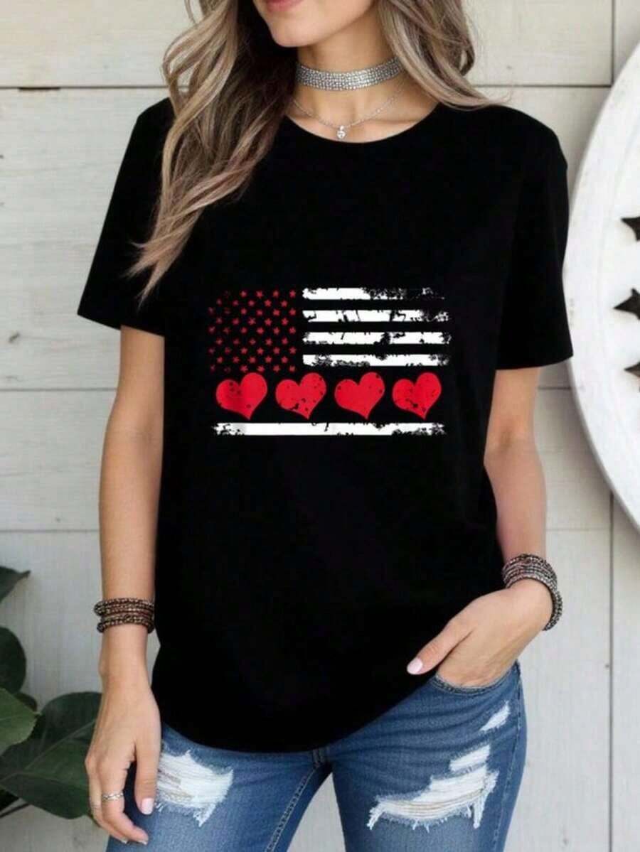 1 "Addicted To Him" T-Shirt, Valentine's Day Couple T-Shirt For Her, Black Graphic T-Shirt, Cute Gift For Boyfriend, 180g, 100% Cotton. - 黑色 4 - 查看 1