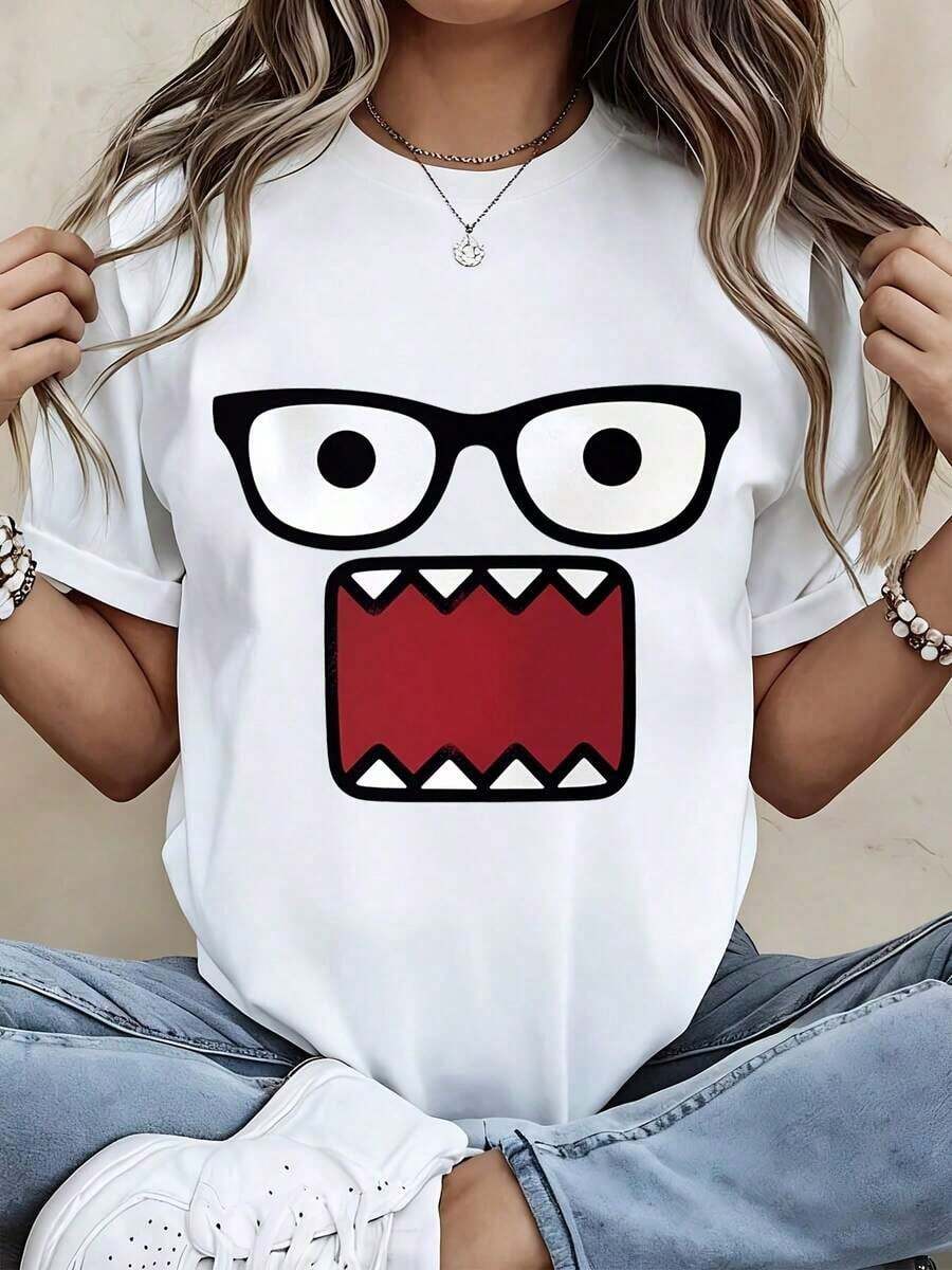Limited Time Offer, Limited Quantity Available, Flash , Women's Shirts, Women's T-Shirts. Women's Fashionable T-Shirt With Cartoon Monster Face Design For Casual Wear And Everyday Outfits - 白色 - 查看 1