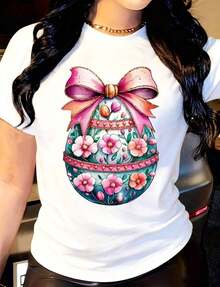 Women's T-Shirt With A Floral Print Of Pink Flowers And Gold Details, Casual Round Neck, Short Sleeves, Suitable For Everyday Outdoor Wear, Perfect For All Seasons. - 白色 - 查看 6