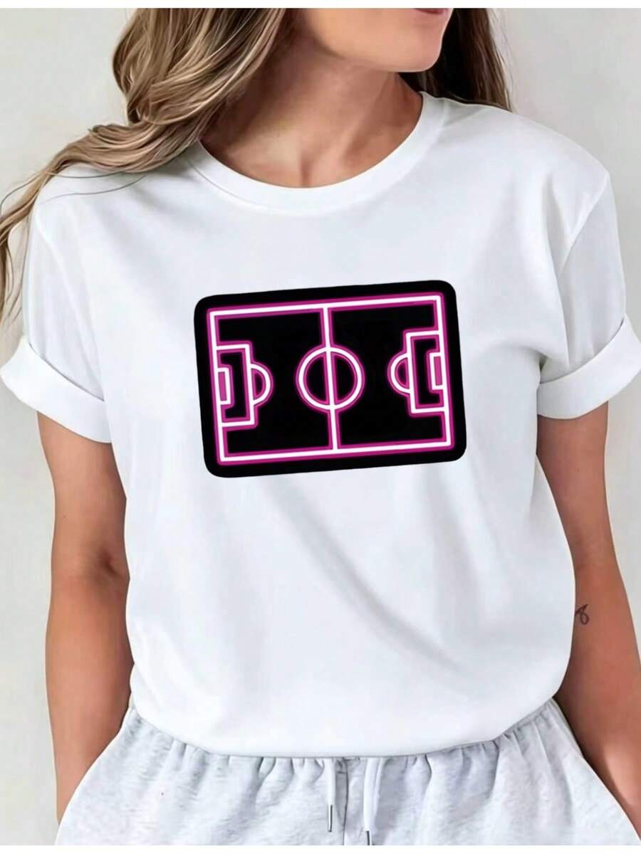 Camiseta Deportiva Casual para Mujer en Blanco con Gráfico Neón Rosa de Campo de Fútbol - Camiseta Elástica de Cuello Redondo, Lavable aáquina, Ajuste Cómodo y Apta para Todas las Estaciones, para Amantes del Deporte y. - Blanco - Ver 1