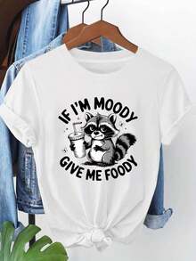 1 Piece Of Women's Casual Fashion Round Neck T-Shirt For Spring/Summer, With Raccoon Print And The Phrase "If I'm In A Bad Mood, Give Me Food", Plus Size, 180g, 100% Cotton. - 白色 - 查看 1