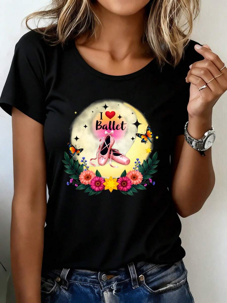 Camiseta Deportiva Casual para Mujer con Gráfico de Luna, Zapatillas de Ballet y Flores - Camiseta Negra Elástica de Cuello Redondo, Lavable aáquina, Ajuste Cómodo, para Todas las Estaciones. - Negro - Ver 1