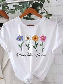 Casual T-Shirt [Plus Size Floral T-Shirt] Women's Plus Size Short Sleeve Casual T-Shirt | Floral Print With The Phrase "Bloom Like A Flower", Round Neck, Machine Washable, Comfortable Stretch Fabric For Spring, Summer And Autumn, Summer Top, Fun Design, Stretchy Material, 100% Cotton, Durable. - 白色 - 查看 1