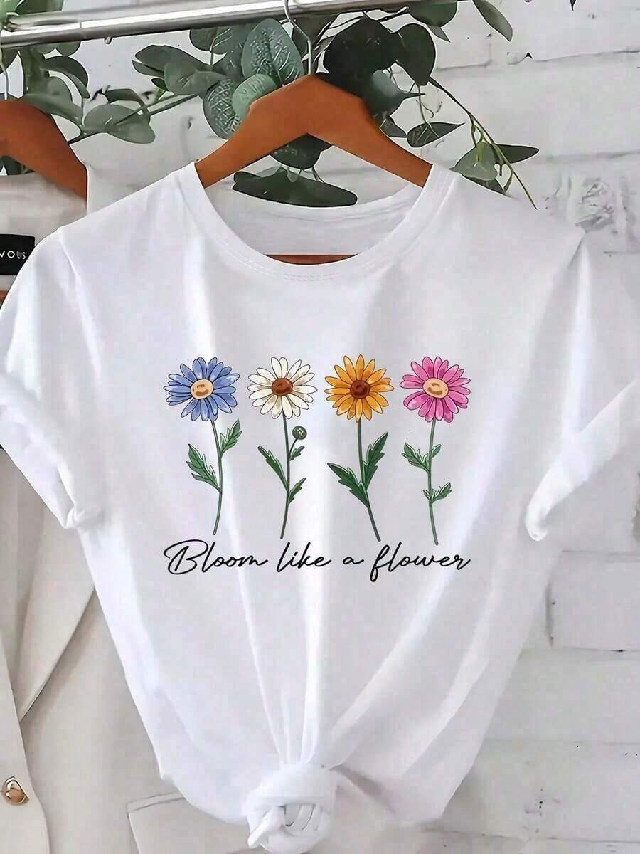 Casual T-Shirt [Plus Size Floral T-Shirt] Women's Plus Size Short Sleeve Casual T-Shirt | Floral Print With The Phrase "Bloom Like A Flower", Round Neck, Machine Washable, Comfortable Stretch Fabric For Spring, Summer And Autumn, Summer Top, Fun Design, Stretchy Material, 100% Cotton, Durable. - 白色 - 查看 1