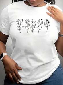 Camiseta con Diseño Floral de Arte Lineal Inspirado en la Naturaleza para Primavera y Verano, Ropa Casual para Exteriores - Blanco - Ver 1