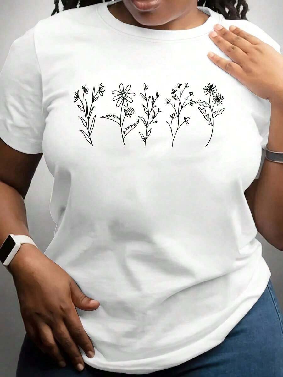 Camiseta con Diseño Floral de Arte Lineal Inspirado en la Naturaleza para Primavera y Verano, Ropa Casual para Exteriores - Blanco - Ver 1