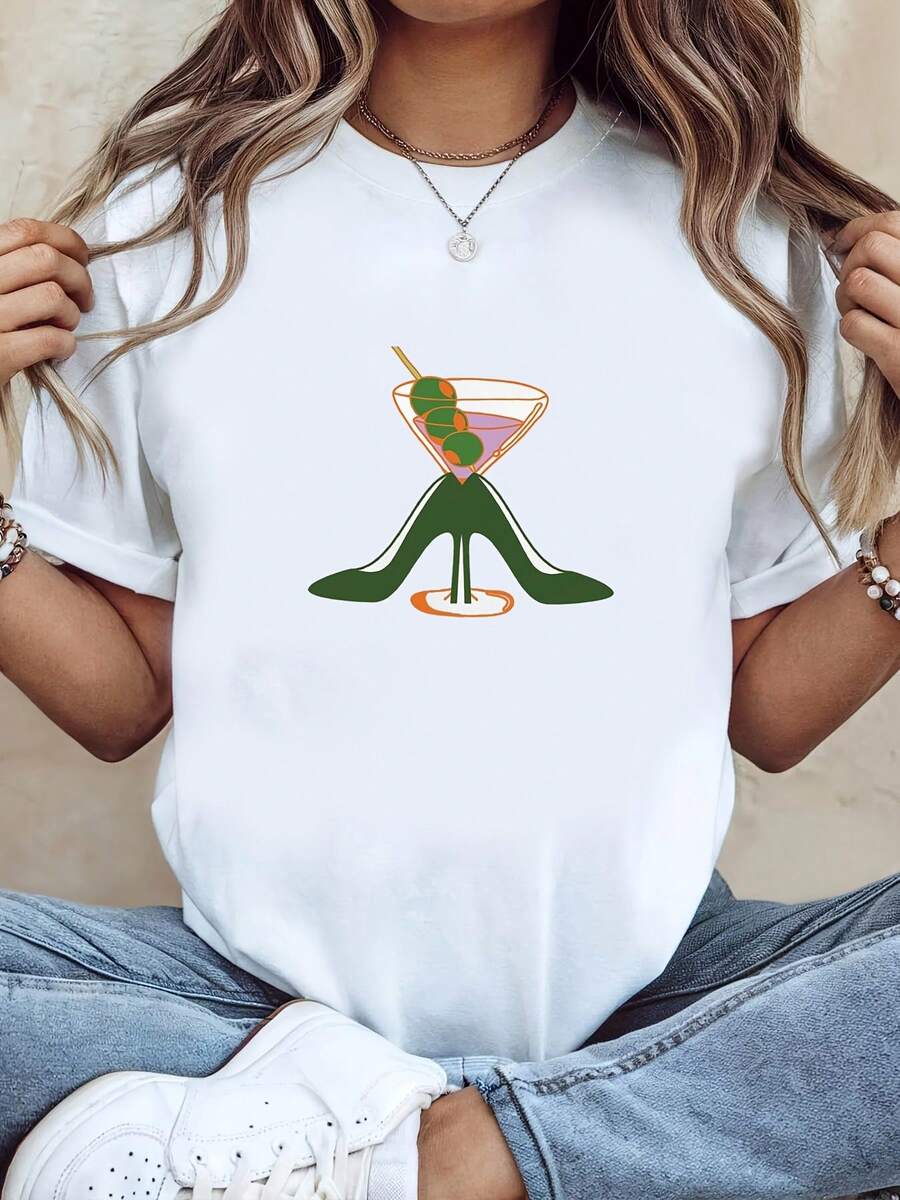 2026 - Camiseta con estampado de tacones altos y martini, blanca, de manga corta y cuello redondo - Lavable a máquina, adecuada para primavera, verano y otoño, estilo casual, ajuste cómodo, diseño moderno, versátil para uso diario. - Blanco - Ver 1