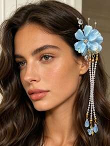 1pc Delicate Faux Tassel Flower Hair Clip, Bridal Headpiece Hair Accessory, Floral Hair Clip Suitable For Women, Versatile Vacay Beach Claw Clips - Multicolor - View 5