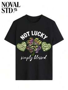 1 PcsWomen's Summer 'Not Lucky Simply ' Animal Print Clover St. Patrick's Day Design Street Casual Vacation Style Loose Multifunctional Crew Neck White Short Sleeve, Fashionable Daily Top, Suitable For Everyday Wear.180g Cotton 100% - 黑色 - 查看 2