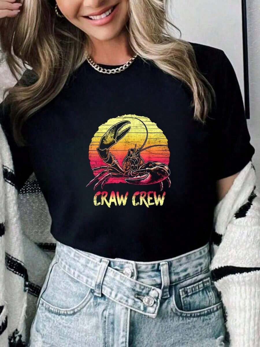 Camiseta 100% Algodón para Mujer, Estilo Retro, Diseño de Cangrejo de Río y Atardecer, Estilo Cajun, para Verano, TopPure-Cotton - Negro - Ver 1