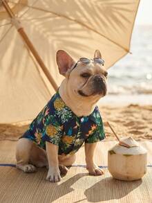 1pc European And American Style Spring/Summer Small/Medium Dog Beach Shirt, Hawaiian Pet Apparel For Dogs, Cats, Golden Retriever - Navy Blue - View 10