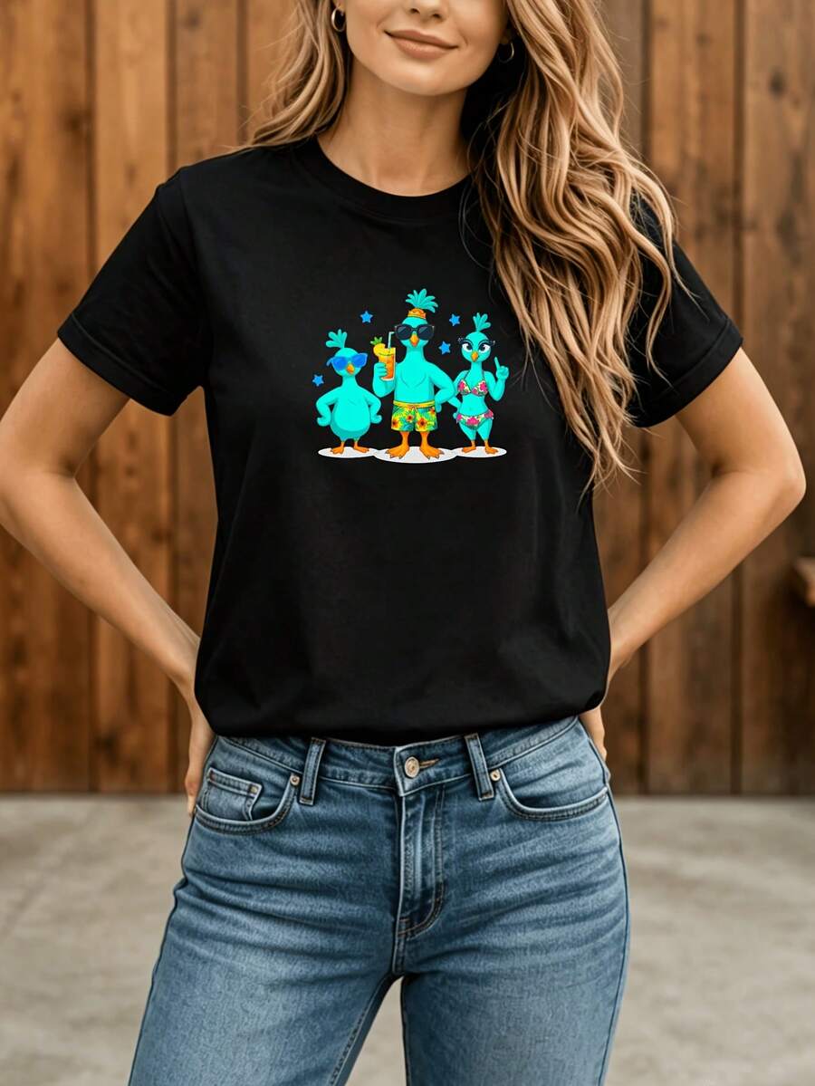 Camiseta Deportiva Casual para  con Gráfico de Criaturas Fantásticas Coloridas - Camiseta Elástica de Cuello Redondo, Lavable aáquina, Ajuste Cómodo y Perfecta para Todas las Estaciones. - Negro - Ver 1