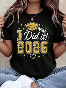 Camiseta de Graduación "Lo Logré 2026" con Diseño de Gorro y Diploma para Fiesta de Celebración de Graduados Universitarios, Camiseta de Algodón Cómoda de 220g - Negro - Ver 8