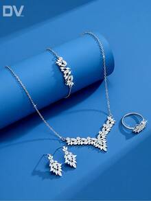 DV JEWELRY 5件套立方氧化锆镀白金奢华项链、手链、耳环、开口戒指首饰套装，优雅珠宝礼品，适合女性、派对、周年纪念日佩戴 - 查看 1