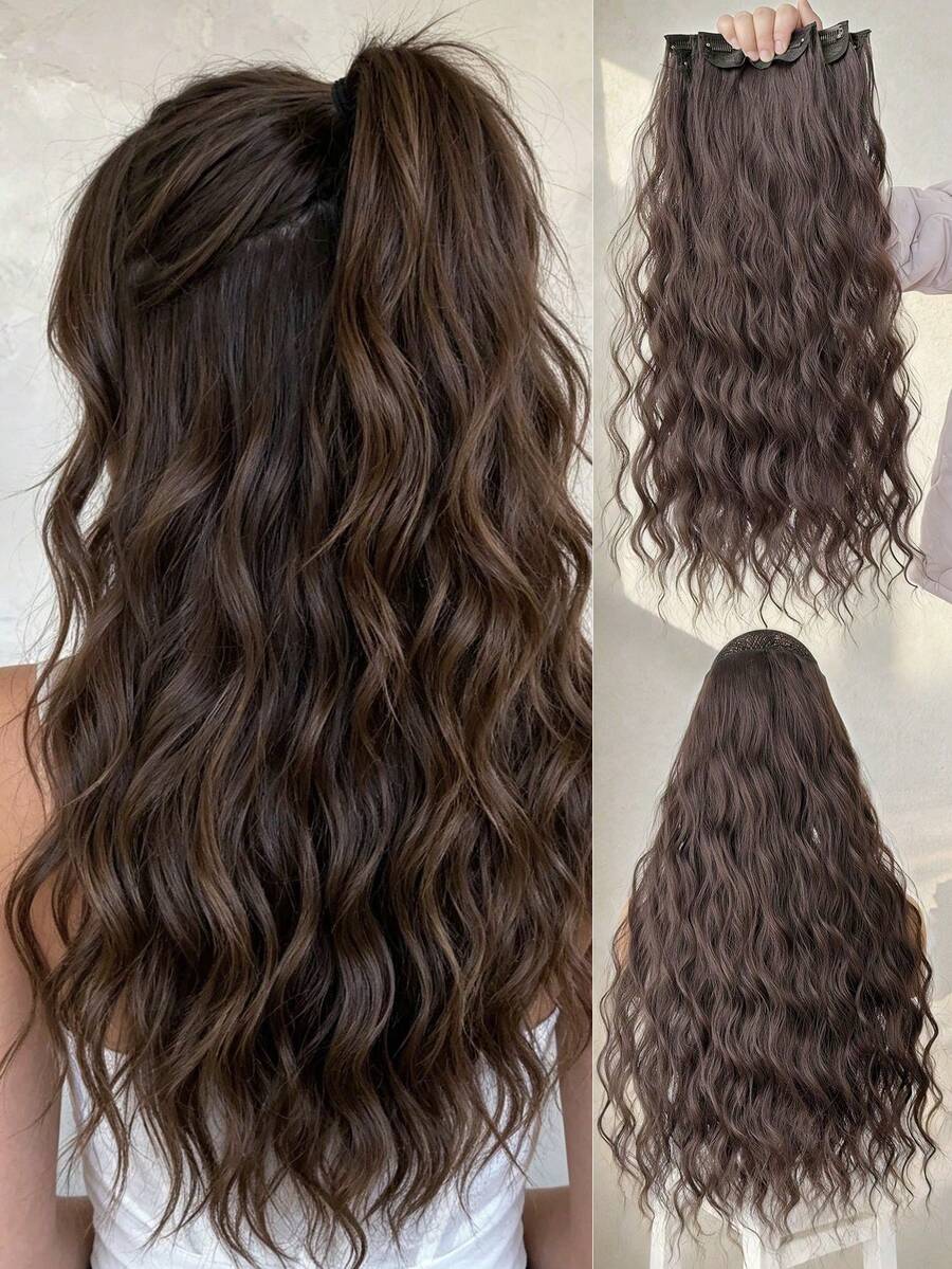 24-Inch 4pcs Black & Brown Clip-In Hair Extensions, Long Wavy Synthetic Hair Extensions, Suitable For Women And Girls Daily Use