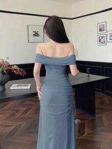Vestido de mujer con escote ilusión descubierto de hombros y cintura fruncida, elegante para bodas y citas - Verde militar - Ver 10
