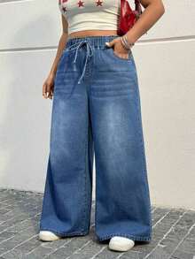 Jeans rectos con bolsillos lavados para mujer de talla grande - Azul - Ver 6