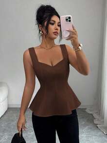 Top de tirantes con cuello de corazón, abertura frontal en la cintura y línea A sin mangas, estilo francés retro elegante para ir al trabajo, negocios, vacaciones, casual, versátil, nueva llegada de primavera/verano - Café integral - Ver 8